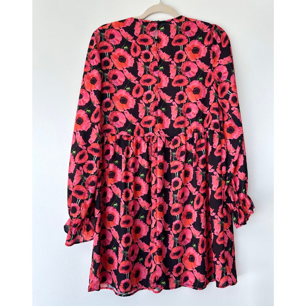 EUC Boohoo Hot Pink and Red Poppy Floral Long Sleeve Ruffle Cuff Dress Mini US 6 - Picture 16 of 16